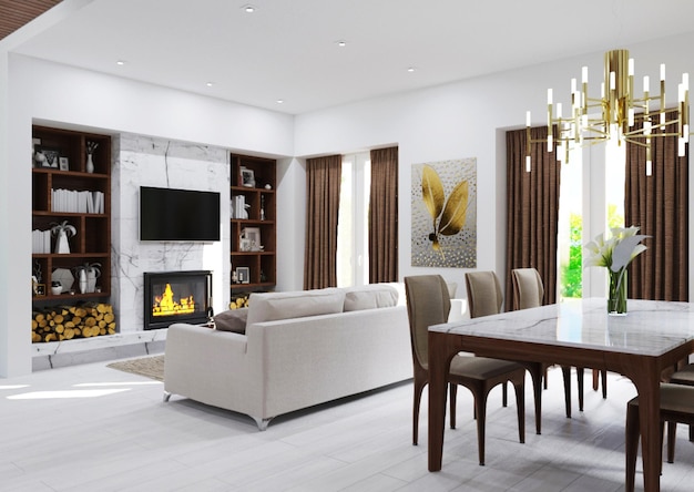 Luxury home interior design. 3D visualization. Expensive finishing materials and furniture