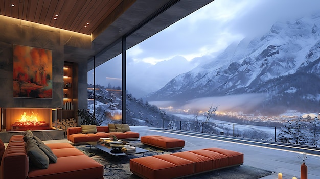 luxury home living room with snowy mountain views