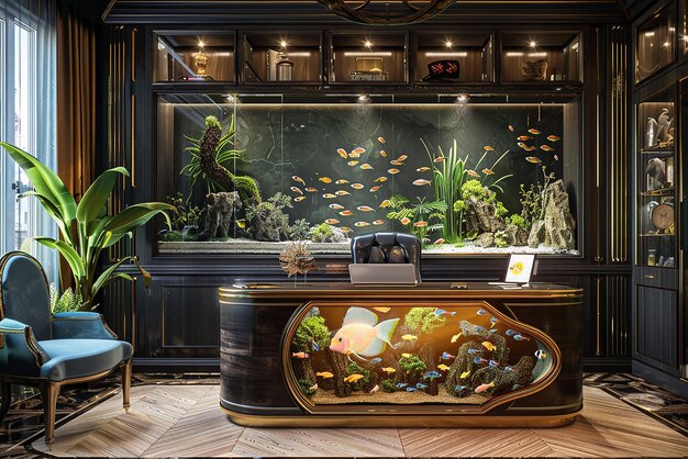 Photo luxury home office with elegant fish tank and serene aquatic ambiance