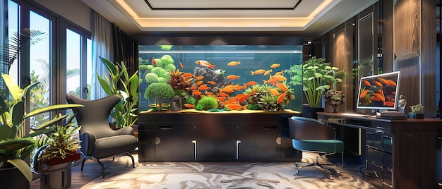 Photo luxury home office with elegant fish tank and serene aquatic ambiance