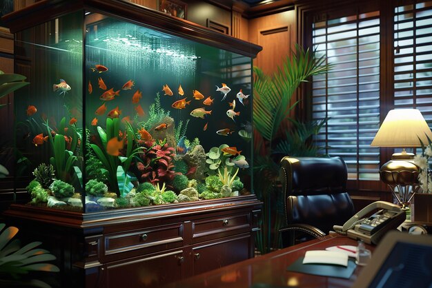 Photo luxury home office with elegant fish tank and serene aquatic ambiance