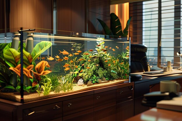 Photo luxury home office with elegant fish tank and serene aquatic ambiance