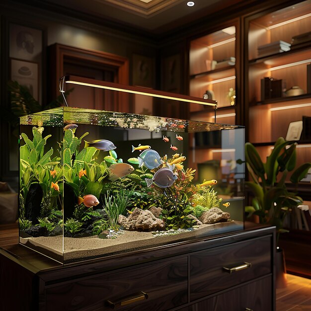 Photo luxury home office with elegant fish tank and serene aquatic ambiance