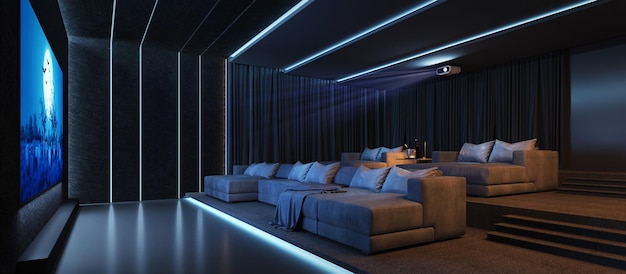 Luxury home theater room with big couch