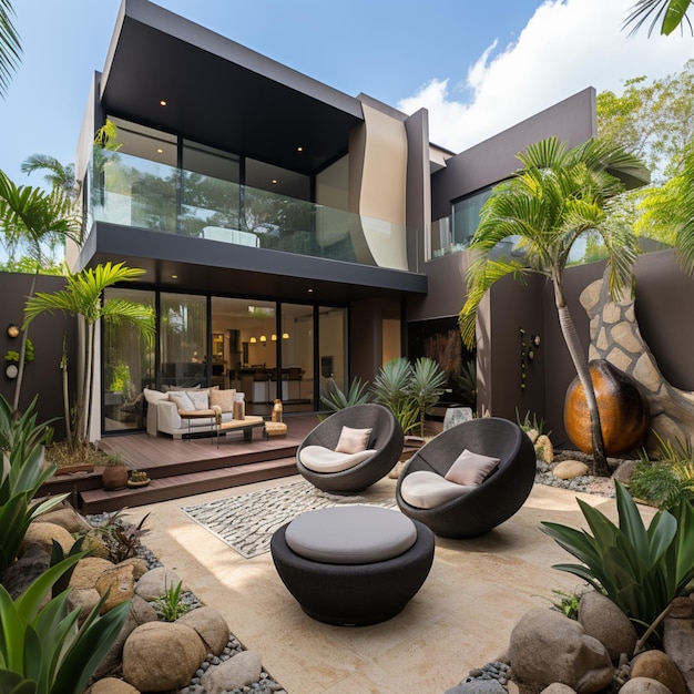 Luxury home with modern architecture landscaped garden and stylish outdoor furniture