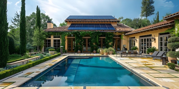 Luxury home with pool solar panels and electric vehicle charger Concept Luxury Home Solar Panels Electric Vehicle Charger Pool Energy Efficiency