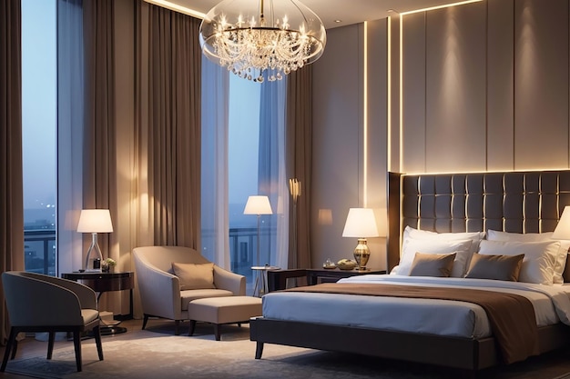 Luxury hotel bedroom illuminated by modern lamps