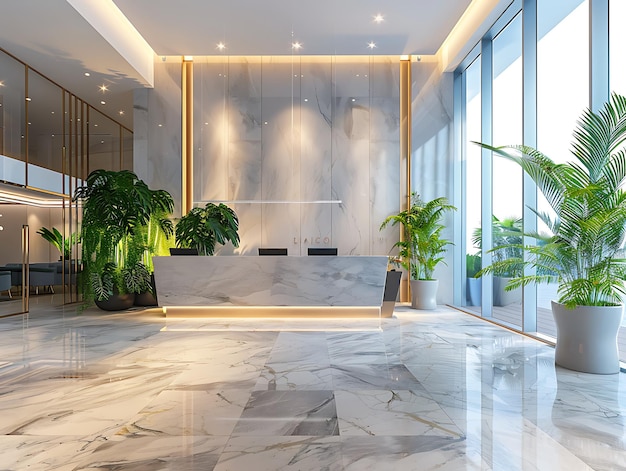 Photo a luxury hotel lobby with a large window and plants