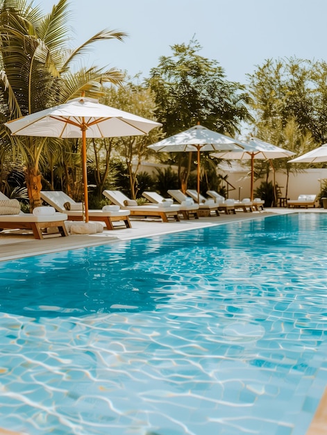 Photo luxury hotel poolside with palm trees and sun loungers