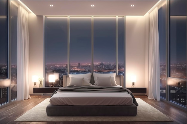 Luxury hotel rooms with panoramic french windowAI technology generated image