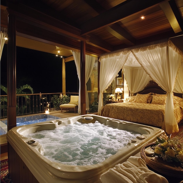 Photo a luxury hotel suite with a fourposter bed silk linens and a private hot tub on the balcony