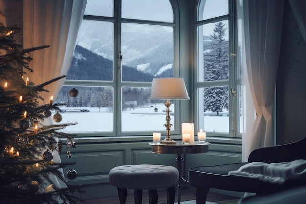 Luxury hotel with festive decor and a view of the snowy landscape in winter