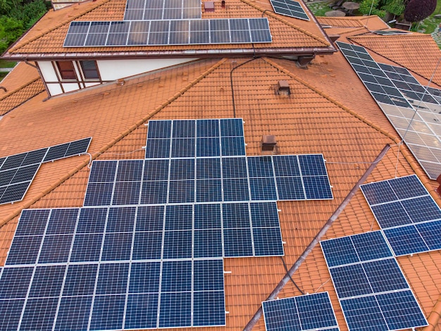 Luxury hotel With Solar Panels on the roof aerial view