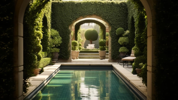 Luxury house backyard pool in forest