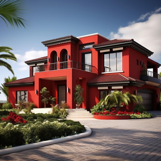 luxury house exterior design with red walls