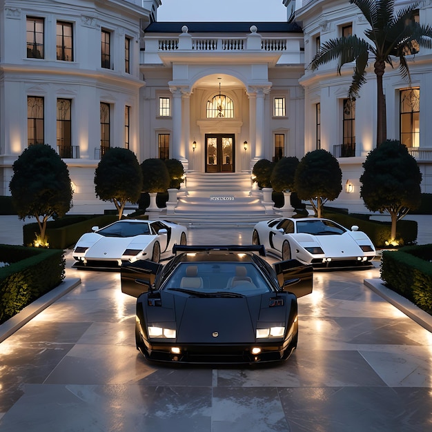 A luxury house with Lamborghinis parked outside