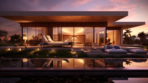 a luxury house with a modern design located by the swimming pool Beautiful natural views can be seen around it at sunset