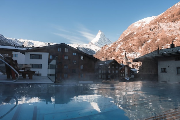 Luxury infinity outdoors pool with an amazing view at the matterhorn peak