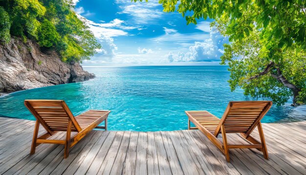 Photo luxury infinity pool overlooking tropical ocean with lounge chairs and lush greenery