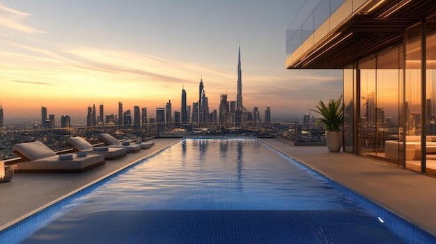 Photo luxury infinity pool with breathtaking cityscape view at sunset