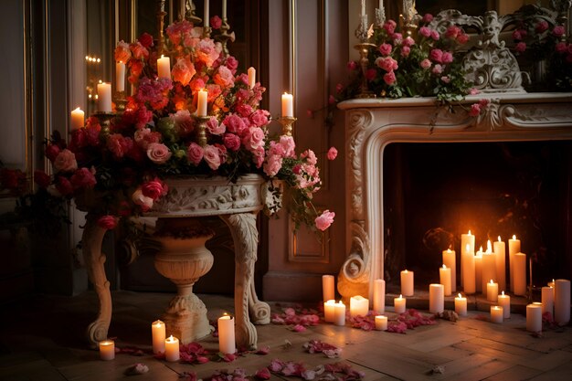 Luxury interior of a classic living room decorated with flowers and candles