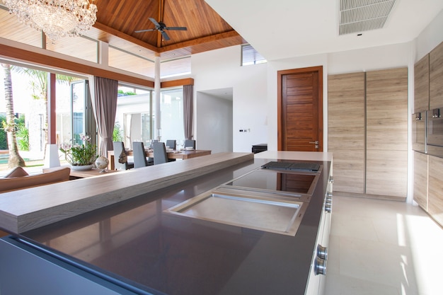 Luxury interior design pool villa in kitchen area 