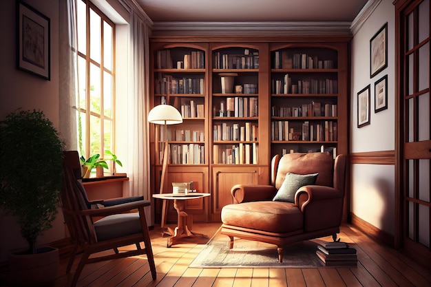 Luxury interior of home library Sitting room with elegant furniture Generative Ai