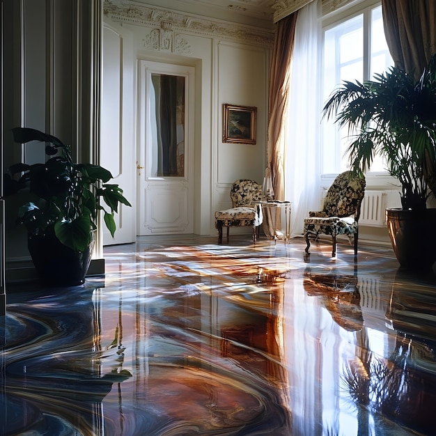 Luxury interior of the living room with parquet floor