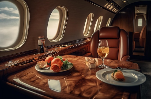 Luxury interior in the modern business jet and sunlight at the windowsky and clouds through the porthole Glass of wine on the table Generative Ai