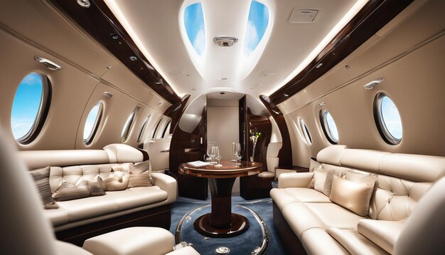 Photo luxury interior in the modern business jet and sunlight at the windowsky