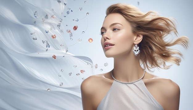 Luxury jewelry brand advertisement with woman model shooting brilliant diamonds