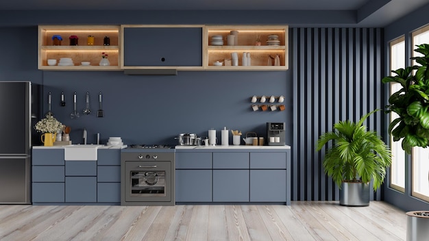 Luxury kitchen corner design with dark blue wall