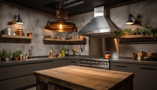 Luxury kitchen island with stainless steel appliances generated by AI