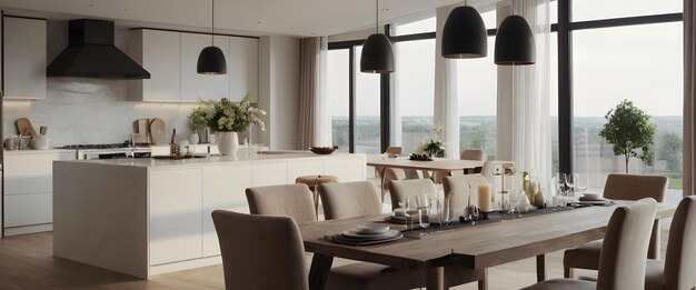 Photo luxury kitchen with a table and chairs and a view of the ocean