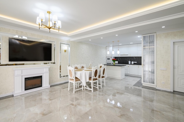 Luxury large domestic kitchen with marble floor