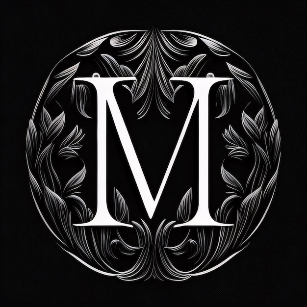 Photo luxury letter m with floral ornament on a black background