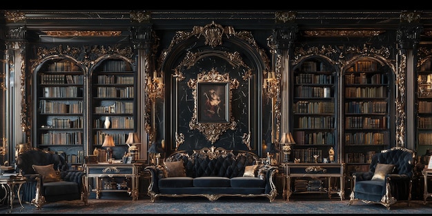 Photo luxury library interior with black and gold furniture bookshelves and ornate decor