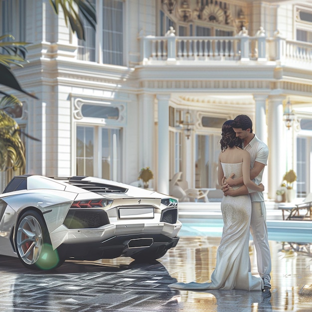 Photo luxury lifestyle couple hugging in front of their elegant home and expensive vehicle