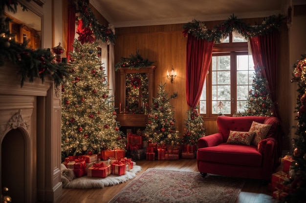 Luxury living room decorated for Christmas and New Year with a Christmas tree and presents