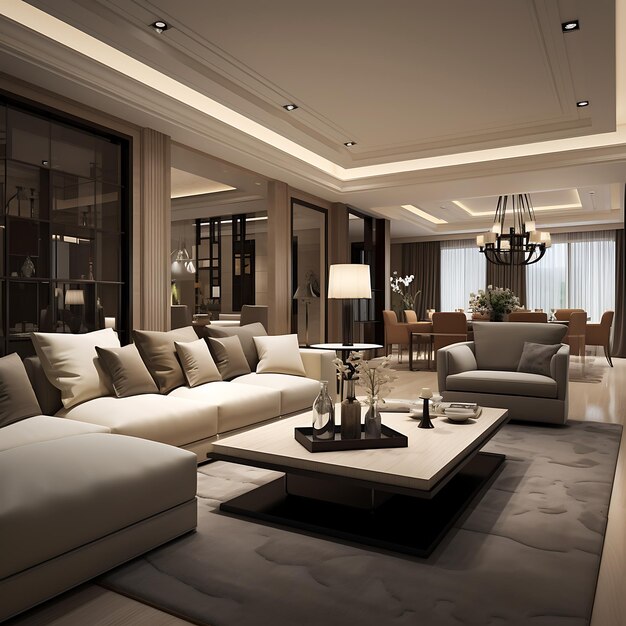 luxury living room and dining area with sofa and coffee table