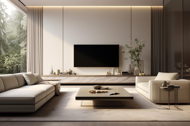 In a luxury living room an elegant beige couch complements a flat screen smart TV setting