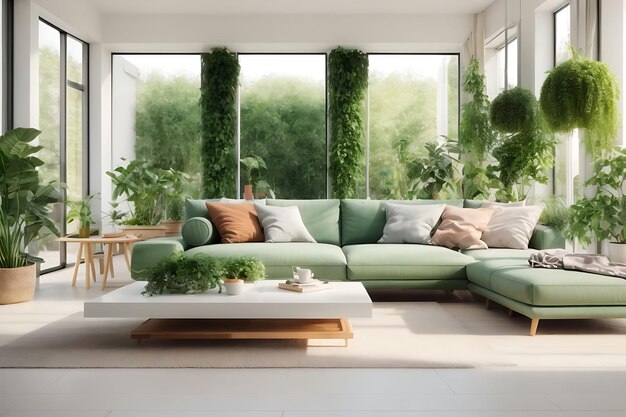 Luxury living room in house with modern interior design green velvet sofa coffee table pouf