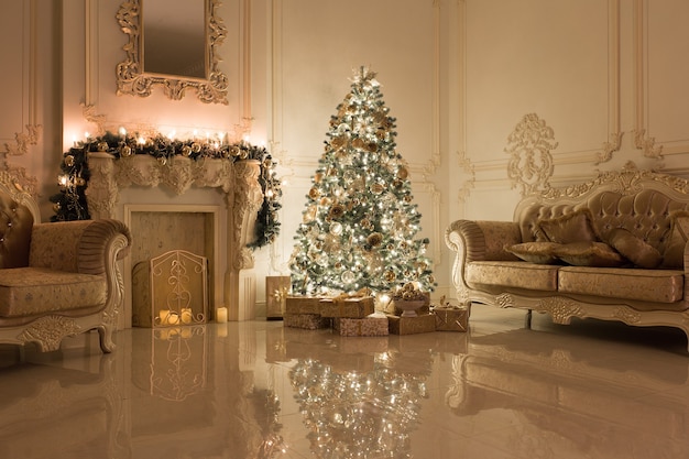 Luxury living room interior decorated with chic Christmas tree.