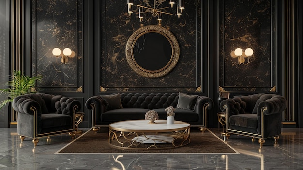 Luxury Living Room Interior with Elegant Black and Gold Decor