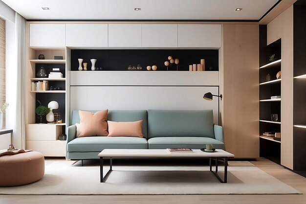 Luxury living room interior with sofa coffee table and bookshelves