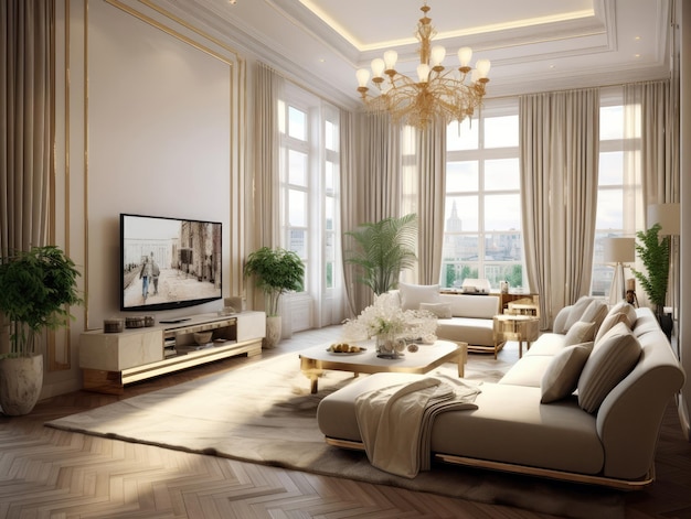 Luxury living room in the style of white and gold with a TV on the cabinet a sofa and an expansive window Generative AI