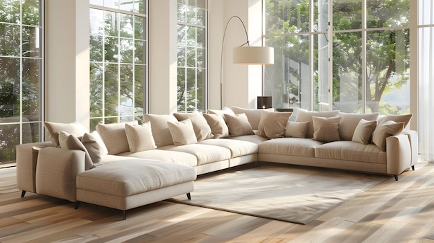 Luxury living room with big beige corner sofa and wooden floor and big windows panor Generative AI