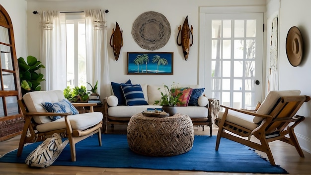 Luxury living room with blue pillows and a large window Interior Design