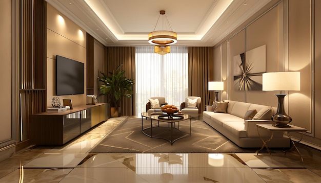 Luxury living room with brown sofa and coffee table