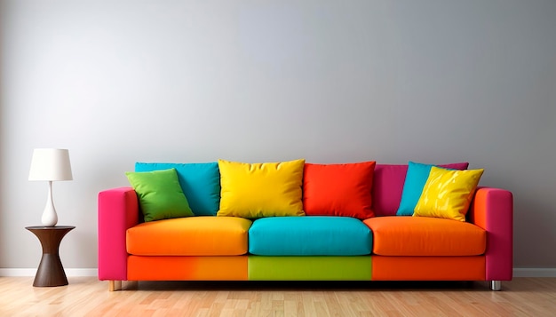 Luxury living room with colorful couch and pillows and artistic wall decor luxe lounge sofa set